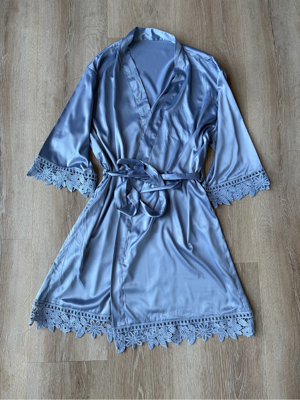 Blue Satin Robe Floral Crochet Trim Kimono Bridal